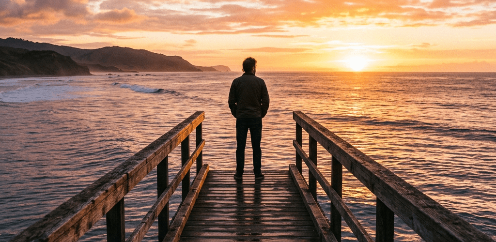 Person standing on wooden pier overlooking ocean at sunset