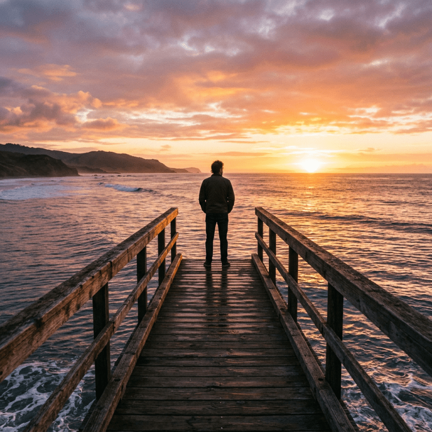 Person standing on wooden pier overlooking ocean at sunset