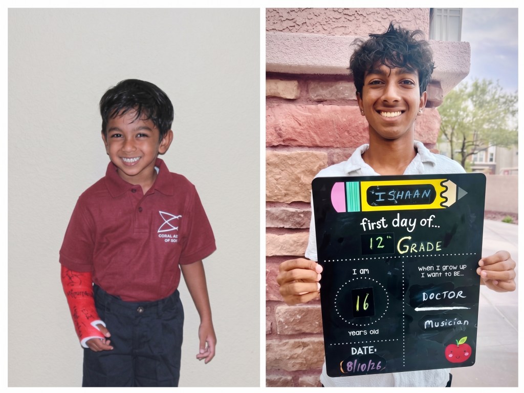 A side-by-side photo showing the same boy at two different ages. On the left, he is a young child with a broken arm, wearing a red polo shirt and smiling. On the right, he is a teenager holding a sign that says 'ISHHAAN, first day of 12th Grade, I am 16 years old, when I grow up I want to be a Doctor, Musician, DATE: 8/10/26,' standing outdoors.